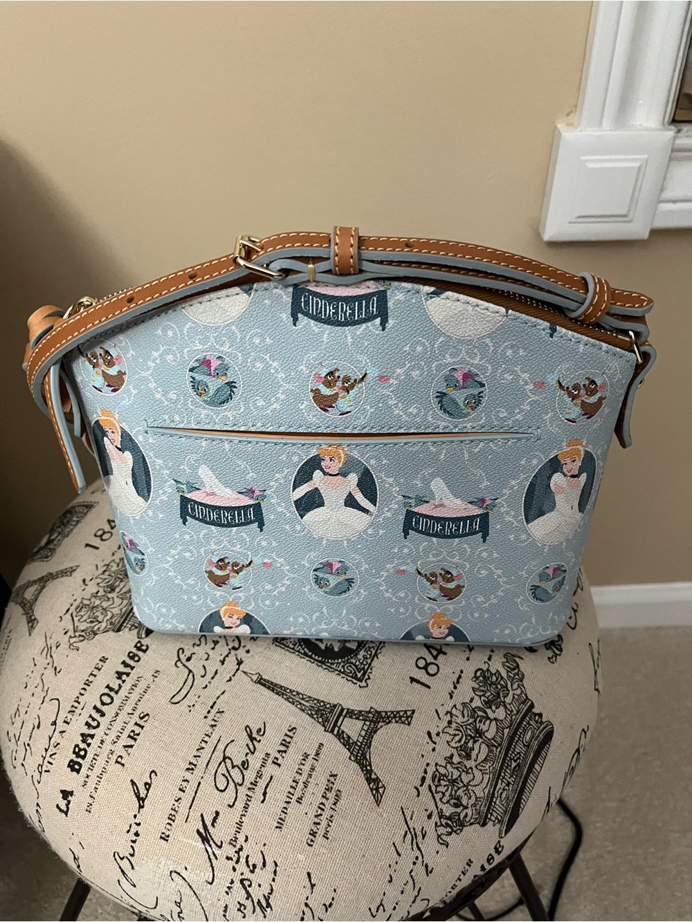 Dooney & Bourke Light Blue Cinderella Print Crossbody with Tan Trim - Picture 2 of 2
